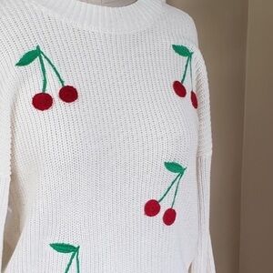 Cynthia Rowley White Sweater with Red Cherry Embroidery